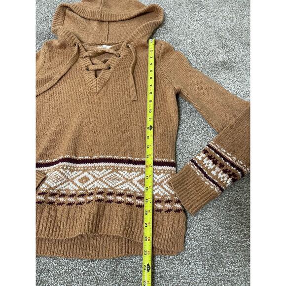 Hollister Hoodie Lace Up Pullover Aztec Western Cable Knit Sweater Tan S - Picture 8 of 10